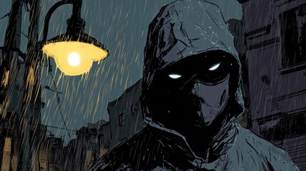 A mysterious figure in a hooded cloak stands under a streetlamp in the rain, creating an eerie and suspenseful atmosphere.