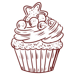 Christmas cupcakes 
 in line style, a traditional dish for the holidays is sweet pastries with cream and berries