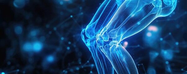 A digital rendering of a human knee joint, showcasing detailed anatomy and connected tissues in a futuristic blue design.