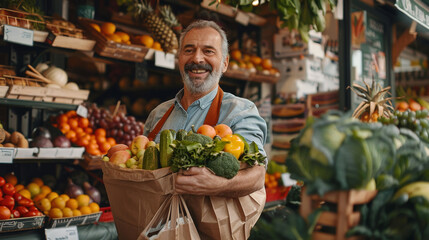 portrait of a Caucasian smiling farmer selling organic products grown vegetables and fruits. shop selling healthy farm products