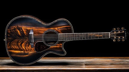 Fototapeta premium A black and brown acoustic guitar with a wood grain finish. The guitar is sitting on a wooden surface with a black background.