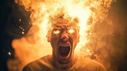 This striking moment captures a person in shock, their face illuminated by fiery flames with fierce expressions. The dramatic contrast highlights their emotions against a dark backdrop