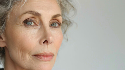 Naklejka premium portrait of a beautiful mature Caucasian woman with well-groomed skin looking at the camera. studio shooting white background. copyspace
