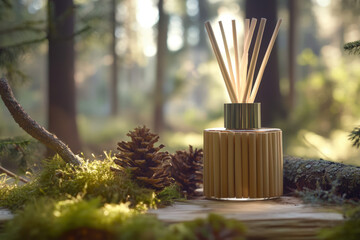 Luxurious and elegant aromatic reed diffuser is nestled in the tranquil beauty of an autumn forest, infusing the air with its captivating scent