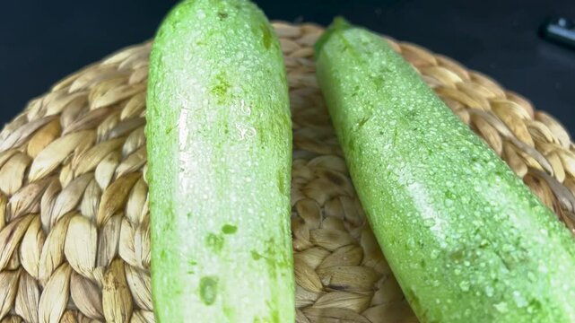 Two fresh zucchini with water drops are rotating on a woven mat