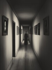 Shadowy Figure in Creepy Hallway with Framed Portraits