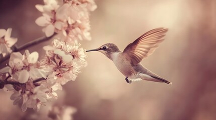 Fototapeta premium Close-up of a hummingbird pollinating a flower, vivid color texture and detail, in nature, soft natural lighting