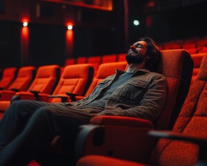 A happy man alone in a theater hall watching a movie