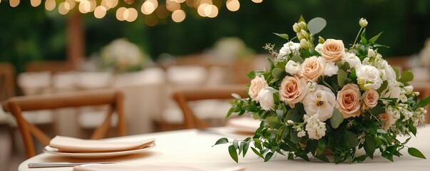 Gardeninspired wedding reception hall, with cascading greenery, hanging flower arrangements, and twinkling lights creating a natural, enchanted feel