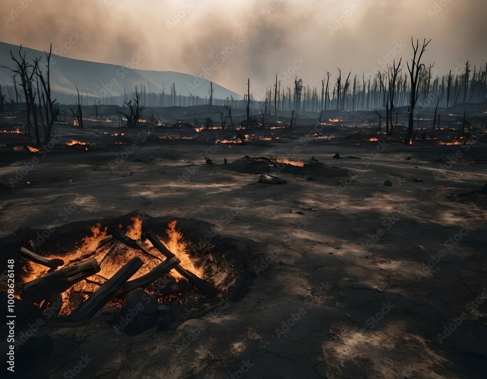 Wall mural a textured background of a barren landscape after a wildfire, with charred earth and scattered ember