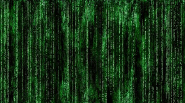 Glowing green binary code interwoven with digital noise on a grungy background, designed for a cyberpunk-themed mobile web banner or tech-inspired visual layout.