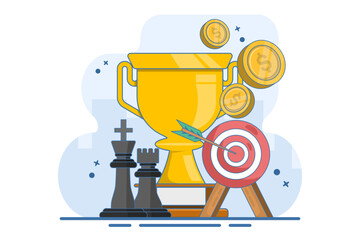 Business and marketing strategy concept, strategic planning and tactics in business, strategic thinking, financial analysis, achieving financial goals, trophies, awards and prizes. Illustration.