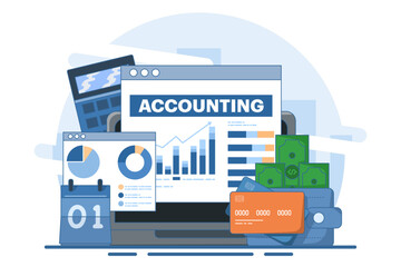 Naklejka premium accounting or finance concept, analysis, accountant, economy, business plan and budget, investment growth or income profit, flat vector illustration banner and background.
