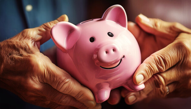 Extreme close-up of the wrinkled hands of an elderly couple holding a smiling pink piggy bank, elderly couple who together commit to saving for their future retirement. Generative Ai.
