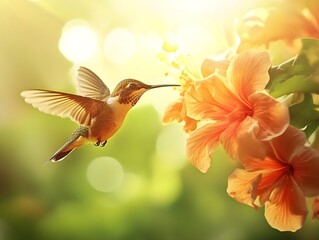 Fototapeta premium Close-up of a hummingbird pollinating a flower, vivid color texture and detail, in nature, soft natural lighting