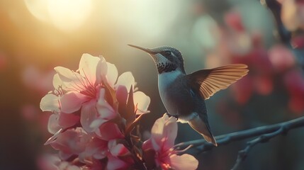 Fototapeta premium Close-up of a hummingbird pollinating a flower, vivid color texture and detail, in nature, soft natural lighting