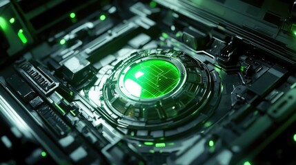 Futuristic circuitry with glowing green elements showcases intricate technology and design in a digital landscape.