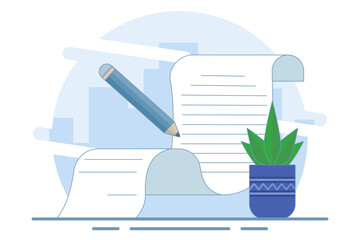 Concept of signing legal documents, electronic contracts or online agreements. Reading and signing the terms and conditions of the contract. To-do list. Flat vector illustration on background.