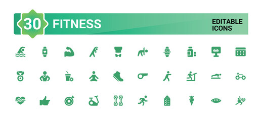 GYM And Fitness solid icon set. Includes dumbbell, gym bag, locker, and More. Filled icon collection, Glyph icons vector collection.