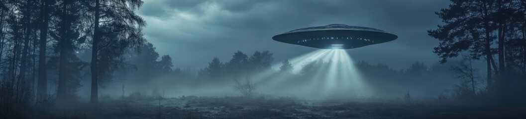 Fototapeta premium A mysterious UFO hovers over a foggy forest landscape, illuminated by its beams of light, evoking intrigue and wonder.