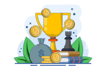 Business and marketing strategy concept, strategic planning and tactics in business, strategic thinking, financial analysis, achieving financial goals, trophies, awards and prizes. Illustration.