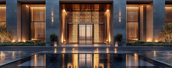 Modern building entrance with elegant architecture, illuminated features, and a tranquil reflective pool.