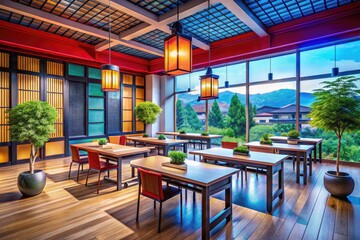 Modern Study Hall with Asian Design Elements, Bright Lighting, and Organized Workspaces for Students