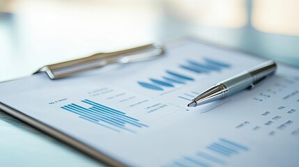 A close-up of a financial report with graphs and a pen, ideal for business presentations or analysis.