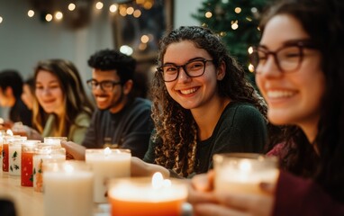 Diverse group joyfully creating Christmas-themed candles in a warm workshop environment