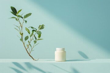 Minimalist product display with a jar of lotion and green leaves on a pastel blue surface