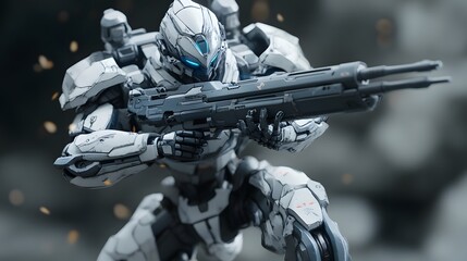 Fototapeta premium Futuristic mecha figure in battle-ready pose with detailed weaponry