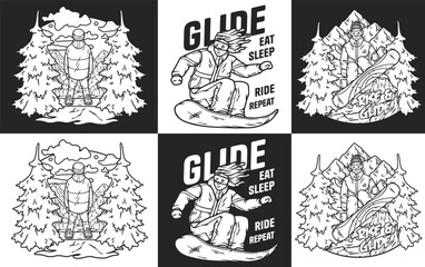 Set of monochrome illustrations with a snowboarder riding and posing with snowboard against the backdrop of snowy mountain landscapes