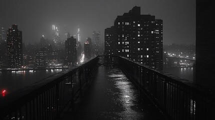 Fototapeta premium A lone figure walks on a rooftop walkway overlooking a city shrouded in fog and rain. The cityscape is illuminated by streetlights and the glow of windows, creating a moody and atmospheric scene.