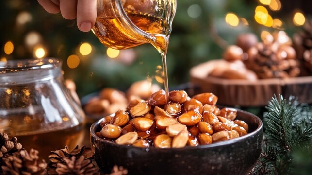 kutya, hand pours nuts. Slovenian cuisine at Christmas. customary sweet meals for Christmas in Belarus, Poland, and Ukraine. Kutia for Christmas supper.
