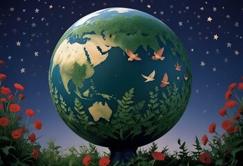 Fototapeta premium A green globe-shaped image made of lush vegetation, with birds flying over it, representing the Earth and environmental conservation