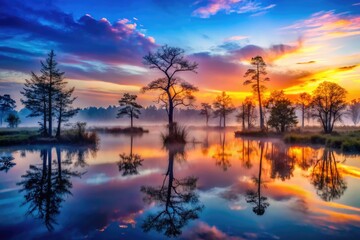 Fototapeta premium Mysterious Dark Swamp Landscape with Fog, Trees, and Mysterious Reflections in the Water at Dusk