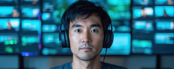 Over the computer screen shot of a close up of an Asian man with headphones