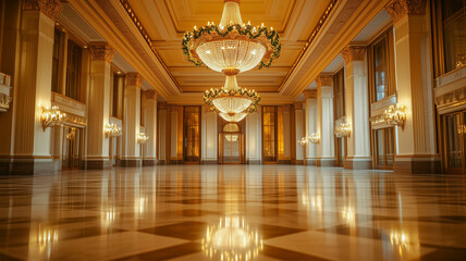 Obraz premium A wide shot of a grand ballroom featuring a gold chandelier adorned with delicate laurel wreath accents