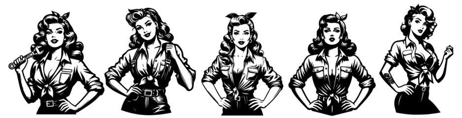 pinup girl in mechanic clothing hand-drawn in retro style black vector