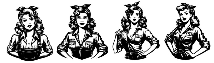 retro pinup girl posing in classic mechanic work uniform black vector