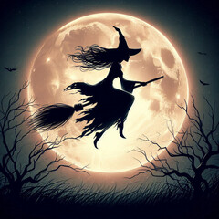 Mystical Witch Silhouette Flying Against Glowing Full Moon.