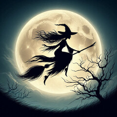 Mystical Witch Silhouette Flying Against Glowing Full Moon.