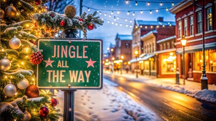 Jingle All The Way sign with snowy street and holiday lights