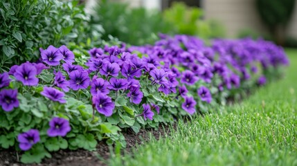 Obraz premium A row of vibrant purple flowers bloom in a lush green garden, creating a stunning display of color.
