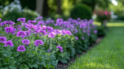 Obraz premium A row of vibrant purple flowers in bloom along a lush green lawn in a manicured garden.