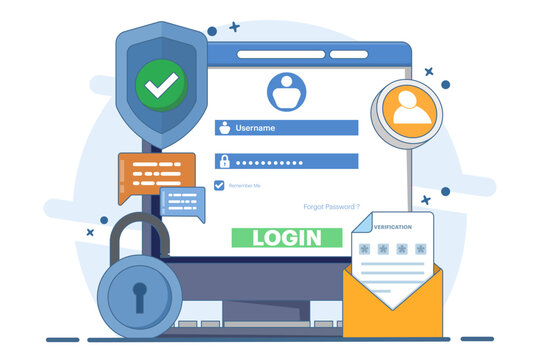 Two-step verification concept, OTP, Authentication password, One-time password for secure website account login, Login page on device screen. Flat vector illustration on background.