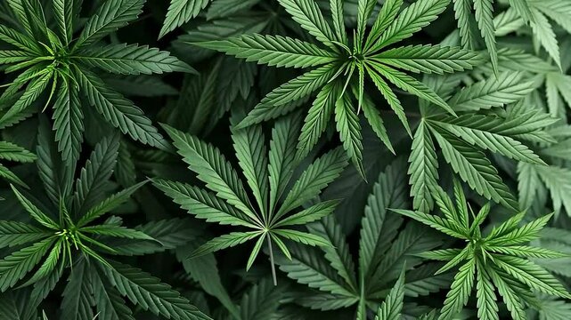 Green Cannabis Leaves Moving Slightly in a Top Down Shot on Healthy Marijuhana Plants