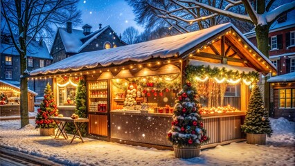 Illuminated Christmas market stall with festive decorations and snow