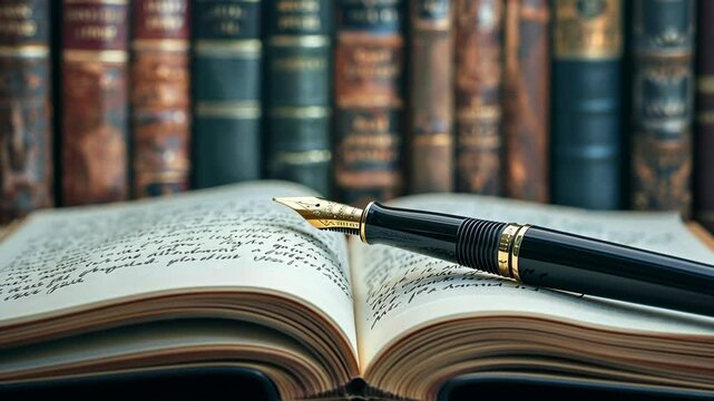 A fountain pen rests on an open book, surrounded by a bookshelf filled with leather-bound volumes