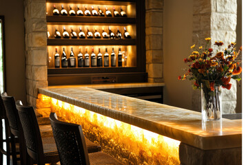 Empty home bar featuring backlit onyx countertops and wine storage illuminated with warm lighting